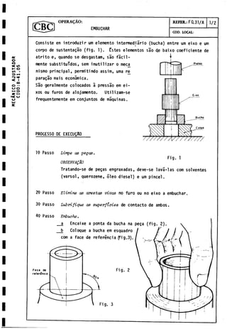 MECANICO
AJUST
A
D
O
R
C
I
U
O
:
8
-
4
1
.05
OPERA^AO:
EMBUCHAR
REFER.: F0.31/A 1/2
COD. LOCAL:
Consiste en introduzir um elemento intermediario (bucha) entre um eixo e um
corpo de sustentagao (fig. 1). Estes elementos sao (
Je baixo coeficiente de
atrito e, quando se desgastam, sao facil­
mente substituidos, sem inutilizar o mec^
nismo principal, permitindo assim, urna re
paragao mais economica.
Sao geralmente colocados i pressao em ei-
xos ou furos de alojamento. Utilizam-se
frequentemente em conjuntos de maquinas.
PROCESSO DE EXECUQAO
Fig. 1
19 Passo Limpe as pegas.
OBSERVADO
Tratando-se de pegas engraxadas, deve-se lavá-las com solventes
(varsol, querozene, óleo diesel) e um pincel.
29 Passo Elimine as arestas vivas no furo ou no eixo a embuchar.
39 Passo Lubrifique as superficies de contacto de ambos.
49 Passo Embuche.
__a Encaixe a ponta da bucha na pega (fig. 2).
__b Coloque a bucha em esquadro
com a face de referencia (fig.3).
F a c e de
r e f e r e n c i a .
Fig. 2
Fig. 3
 