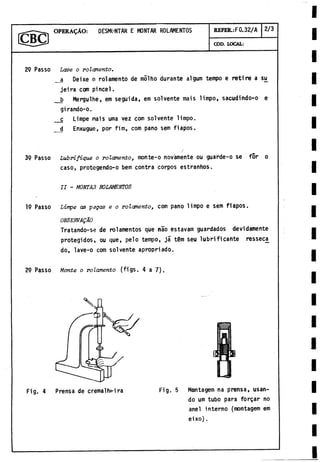 OPERAgÀO: DESMC'NTAR E MONTAR ROLAMENTOS
GOD. LOCAL:
REFER.:F0.32/A 2/3
29 Passo Lave o rolamento.
a Deixe o rolamento de mólho durante algum tempo e retire a s
u
i
jeira com pincel.
b Mergulhe, em seguida, em solvente mais limpo, sacudindo-o e
girando-o.
c Limpe mais urna vez com solvente limpo.
d Enxugue, por finí, com paño sem fiapos.
39 Passo Lubrifique o rolamento, monte-o novamente ou guarde-o se for o
caso, protegendo-o bem contra corpos estranhos.
19 Passo Limpe as pegas e o rolamento3 com pano limpo e sem fiapos.
OBSEKVAQÁO
Tratando-se de rolamentos que nao estavam guardados devidamente
protegidos, ou que, pelo tempo, ja t§m seu lubrificante resseca
do, lave-o com solvente apropriado.
/
II - MONTAI ROLAMENTOS
29 Passo Monte o rolamento (figs. 4 a 7).
Fig. 4 Prensa de cremaiheira Fig. 5 Montagem na prensa, usan­
do um tubo para forgar no
anel interno (montagem em
eixo).
 