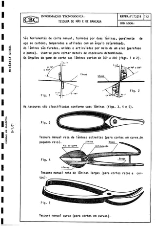 INFORMAÇÀO TECNOLOGICA:
TESOURA DE MRO E DE BANCADA
REFER.: F IT. 014 1/2
COD. LOCAL:
Sao ferramentas de corte manual, formadas por duas láminas, geralmente de
ago ao carbono, temperadas e afiladas com um ángulo determinado.
As láminas sao furadas, unidas e articuladas por meio de um eixo (parafuso
e porca). Usam-se para cortar metáis de espessura determinada.
Os ángulos do gume de corte das laminas variam de 76° a 840 (figs. 1 e 2).
Chapa
As tesouras sao classificadas conforme suas láminas (figs. 3, 4 e 5).
Fig. 3
Tesoura manual reta de laminas estreitas (para cortes em curva.de
pequeño raio). Lamino Braco
Fio ou gume / Arficulacóo
Fig. 4
Tesoura manual reta de láminas largas (para cortes retos e cur­
tos)-
Fig. 5
Tesoura manual curva (para cortes em curvas).
 