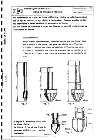 INFORMADO TECNOLOGICA:
FRESAS DE ESCAREÄR E REBAIXAR
REFER.:F IT. 022 1/2
COD. LOCAL:
Sao ferramentas de corte, em forma cilindrica, cónica ou esférica,construí
das de ago ao carbono su ago rápido e temperadas. Possuem arestas cortan­
tes destinadas a fazer rebaixos ou escareados em furos.
Sao utilizadas na furadeira e podem ser fixadas no mandril porta-brocas ou
diretamente na arVore.
oavaateríeticao
Estas fresas (escareadores]T caracterizam-se por sua forma, tama-
nho e quanto a sua haste, que pode ser cónica ou cilindrica.
A figura 1 mostra urna fresa de rebaixar cilindrico com guia.
A figura 2 apresenta urna fresa de escarear cónico com haste ci­
lindrica e a figura 3 urna fresa de escarear cónico com haste có­
nica.
O
a
w
O
O
i
D Naval ha
Fig. 1 Fig. 2
Fig. 4
A figura 4 apresenta outro tipo
de fresa cónica.
Na figura 5 se vi urna fresa de
escarear esférico com espiga
sextavada.
Espigo
Haste
E l Corpo
Espiga
Navalha
Fig. 5
 