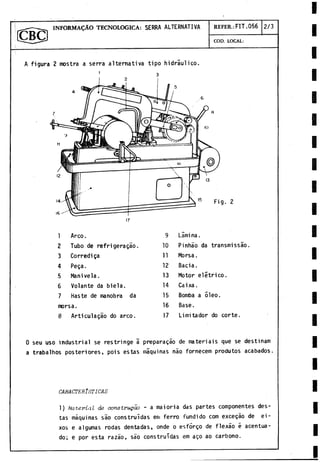 INFORMACAO TECNOLOGICA: SERRA ALTERNATIVA REFER.: FIT.056 2/3
COD. LOCAL:
A figura 2 mostra a serra alternativa tipo hidráulico.
Fig. 2
1 Arco. 9 Làmi na.
2 Tubo de refrigeragao. 10 Pinháo da transmissáo.
3 Corredi ga 11 Morsa.
4 Pega. 12 Bacia.
5 Manivela. 13 Motor eletri co.
6 Volante da biela. 14 Caixa.
7 Haste de manobra da 15 Bomba a óleo.
morsa. 16 Base.
8 Articulagao do arco. 17 Limitador do corte.
0 seu uso industrial se restringe á preparagáo de materiais que se destinam
a trabalhos posteriores, pois estas máquinas nao fornecem produtos acabados.
CARACTERÍSTICAS
1) Material de oonstrugao - a maioria das partes componentes des-
tas máquinas sao construidas em ferro fundido com excegáo de ei-
xos e algumas rodas dentadas, onde o esfórgo de flexáo é acentua­
do; e por esta razáo, sao construidas em ago ao carbono.
 