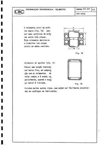 INFORMADO TECNOLOGICA: ROLAMENTOS REFER.:FIT .077 5/5
COD. LOCAL.
0rolamento axial de esfe­
ras duplo (fig. 18) pos-
sui duas carreiras de esfe
ras entre tris placas.
o
Este rolamento destina-se
a trabalhar com cargas
axiais em ambos sentidos.
< fc
Fig. 18
Rolamento de agulhas (fig. 19)
Possui urna secgao transver
sal muito fina, em compara
gao com os rolamentos de
rolos comuns e é usado, es^ ________
pecialmente, quando o espji
5
0 radial 5 limitado. -
j
g
Existem muitos outros tipos, que podem ser fácilmente encontra­
dos em catálogos de fabricantes.
 