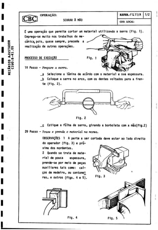 MECÁNICO
AJUSTADOR
CIU0.-8-41.05
OPERAgAO:
SERRAR A MAO
REFER.:F0l11/A 1/2
CX)D. LOCAL:
E urna operagao que permite cortar um material utilizando a serra (fig. 1).
Emprega-se muito nos trabalhos de me­
cánica, pois, quase sempre, precede a
realizagáo de outras operagoes.
PROCESSO DE EXECUQAÓ
19 Passo - Prepare a serra.
_a Selecione a lamina de acórdo com o material e sua espessura.
_b Coloque a serra no arco, com os dentes voltados para a fren­
te (fig. 2).
Fig. 2
c Estique a folha de serra, girando a borboleta com a mao(f1g.2)
29 Passo - Trace e prenda o material na morsa.
OBSERVALES 1 A parte a ser cortada deve estar ao lado direlto
do operador (fig. 3) e pró­
xima dos mordentes.
2 Quando se trata de mate­
rial de pouca espessura,
prende-se por meio de pegas
auxiliares tais como: cal-
gos de madei ra, ou cantone^
ras, e outros (figs. 4 e 5).
Fig. 4 Fig. 5
 
