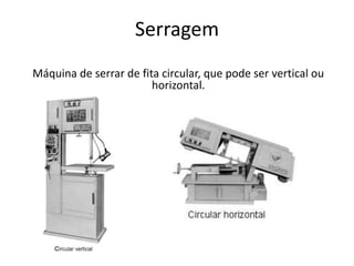 Serragem
Máquina de serrar de fita circular, que pode ser vertical ou
horizontal.
 