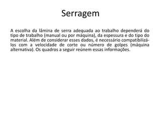 Serragem
A escolha da lâmina de serra adequada ao trabalho dependerá do
tipo de trabalho (manual ou por máquina), da espessura e do tipo do
material. Além de considerar esses dados, é necessário compatibilizá-
los com a velocidade de corte ou número de golpes (máquina
alternativa). Os quadros a seguir reúnem essas informações.
 