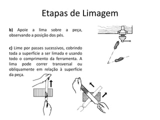 Etapas de Limagem
b) Apoie a lima sobre a peça,
observando a posição dos pés.
c) Lime por passes sucessivos, cobrindo
toda a superfície a ser limada e usando
todo o comprimento da ferramenta. A
lima pode correr transversal ou
obliquamente em relação à superfície
da peça.
 