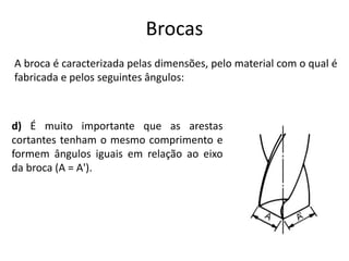 Brocas
A broca é caracterizada pelas dimensões, pelo material com o qual é
fabricada e pelos seguintes ângulos:
d) É muito importante que as arestas
cortantes tenham o mesmo comprimento e
formem ângulos iguais em relação ao eixo
da broca (A = A').
 