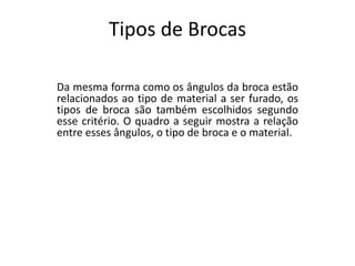 Tipos de Brocas
Da mesma forma como os ângulos da broca estão
relacionados ao tipo de material a ser furado, os
tipos de broca são também escolhidos segundo
esse critério. O quadro a seguir mostra a relação
entre esses ângulos, o tipo de broca e o material.
 