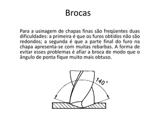 Brocas
Para a usinagem de chapas finas são freqüentes duas
dificuldades: a primeira é que os furos obtidos não são
redondos; a segunda é que a parte final do furo na
chapa apresenta-se com muitas rebarbas. A forma de
evitar esses problemas é afiar a broca de modo que o
ângulo de ponta fique muito mais obtuso.
 