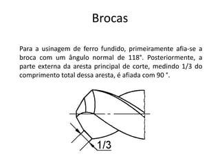 Brocas
Para a usinagem de ferro fundido, primeiramente afia-se a
broca com um ângulo normal de 118°. Posteriormente, a
parte externa da aresta principal de corte, medindo 1/3 do
comprimento total dessa aresta, é afiada com 90 °.
 