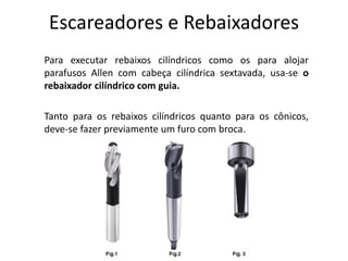 Escareadores e Rebaixadores
Para executar rebaixos cilíndricos como os para alojar
parafusos Allen com cabeça cilíndrica sextavada, usa-se o
rebaixador cilíndrico com guia.
Tanto para os rebaixos cilíndricos quanto para os cônicos,
deve-se fazer previamente um furo com broca.
 
