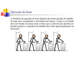 Operação de limar
A eficiência da operação de limar depende da correta posição de trabalho.
O corpo deve acompanhar o movimento dos braços. A peça a ser limada
deve ser fixada um pouco mais a baixo que o cotovelo do operário em
posição normal e a superfície de trabalho deve ficar aproximadamente na
horizontal.
 