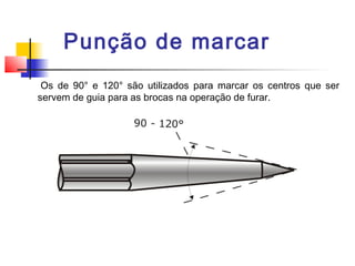 Punção de marcar
Os de 90° e 120° são utilizados para marcar os centros que ser
servem de guia para as brocas na operação de furar.
 