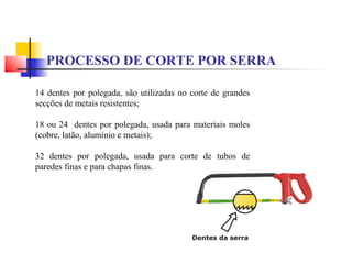 PROCESSO DE CORTE POR SERRA
14 dentes por polegada, são utilizadas no corte de grandes
secções de metais resistentes;
18 ou 24 dentes por polegada, usada para materiais moles
(cobre, latão, alumínio e metais);
32 dentes por polegada, usada para corte de tubos de
paredes finas e para chapas finas.
 