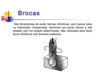 Brocas
São ferramentas de corte, formas cilíndricas, com canais retos
ou helicoidais, temperadas, terminam em ponta cônica e são
afiadas com um ângulo determinado. São utilizadas para fazer
furos cilíndricos nos diversos materiais.
 
