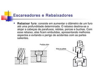 Escareadores e Rebaixadores
 Rebaixar furo: consiste em aumentar o diâmetro de um furo
até uma profundidade determinada. O rebaixo destina-se a
alojar a cabeças de parafusos, rebites, porcas e buchas. Com
esse rebaixo, elas ficam embutidas, apresentando melhores
aspectos e evitando o perigo de acidentes com as partes
salientes.
 