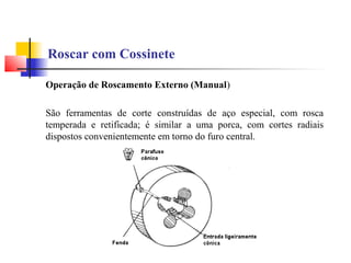 Roscar com Cossinete
Operação de Roscamento Externo (Manual)
São ferramentas de corte construídas de aço especial, com rosca
temperada e retificada; é similar a uma porca, com cortes radiais
dispostos convenientemente em torno do furo central.
 