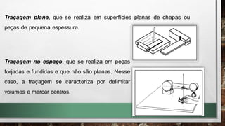 Traçagem plana, que se realiza em superfícies planas de chapas ou
peças de pequena espessura.
Traçagem no espaço, que se realiza em peças
forjadas e fundidas e que não são planas. Nesse
caso, a traçagem se caracteriza por delimitar
volumes e marcar centros.
 
