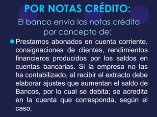 POR NOTAS CRÉDITO:
  El banco envia las notas crédito
        por concepto de:
Prestamos abonados en cuenta corriente,
 consignaciones de clientes, rendimientos
 financieros producidos por los saldos en
 cuentas bancarias. Si la empresa no las
 ha contabilizado, al recibir el extracto debe
 elaborar ajustes que aumentan el saldo de
 Bancos, por lo cual se debita; se acredita
 en la cuenta que corresponda, según el
 caso.
 