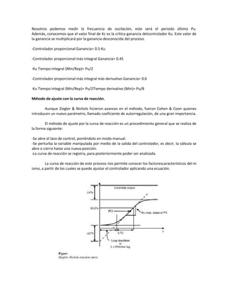 Nosotros podemos medir la frecuencia de oscilación, este será el periodo último Pu.
Además, conocemos que el valor final de Kc es la crítica ganancia delcontrolador Ku. Este valor de
la ganancia se multiplicará por la ganancia desconocida del proceso.
-Controlador proporcional Ganancia= 0.5·Ku
-Controlador proporcional más integral Ganancia= 0.45
·Ku Tiempo integral (Min/Rep)= Pu/2
-Controlador proporcional más integral más derivativo Ganancia= 0.6
·Ku Tiempo integral (Min/Rep)= Pu/2Tiempo derivativo (Min)= Pu/8
Método de ajuste con la curva de reacción.
Aunque Ziegler & Nichols hicieron avances en el método, fueron Cohen & Coon quienes
introducen un nuevo parámetro, llamado coeficiente de autorregulación, de una gran importancia.
El método de ajuste por la curva de reacción es un procedimiento general que se realiza de
la forma siguiente:
-Se abre el lazo de control, poniéndolo en modo manual.
-Se perturba la variable manipulada por medio de la salida del controlador, es decir, la válvula se
abre o cierra hasta una nueva posición.
-La curva de reacción se registra, para posteriormente poder ser analizada.
La curva de reacción de este proceso nos permite conocer los factorescaracterísticos del m
ismo, a partir de los cuales se puede ajustar el controlador aplicando una ecuación.
 