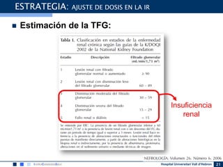 Hospital Universitari Vall d’Hebron 21
 Estimación de la TFG:
ESTRATEGIA: AJUSTE DE DOSIS EN LA IR
Insuficiencia
renal
 