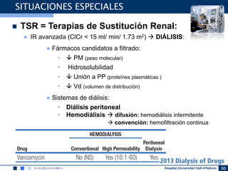 Hospital Universitari Vall d’Hebron 30
SITUACIONES ESPECIALES
 TSR = Terapias de Sustitución Renal:
● IR avanzada (ClCr < 15 ml/ min/ 1.73 m2)  DIÁLISIS:
● Fármacos candidatos a filtrado:
•  PM (peso molecular)
• Hidrosolubilidad
•  Unión a PP (proteïnes plasmáticas )
•  Vd (volumen de distribución)
● Sistemas de diálisis:
• Diálisis peritoneal
• Hemodiálisis  difusión: hemodiálisis intermitente
 convención: hemofiltración continua
 