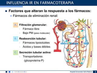 Hospital Universitari Vall d’Hebron
 Factores que alteran la respuesta a los fármacos:
● Fármacos de eliminación renal:
A. Filtración glomerular:
- Fármaco libre
- Bajo PM (peso molecular)
B. Reabsorción tubular:
- Fármacos liposolubles
- Ácidos y bases débiles
C. Secreción tubular activa:
- Transportadores
(glicoproteína P)
6
INFLUENCIA IR EN FARMACOTERAPIA
 