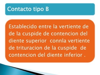 Contacto tipo B


Establecido entre la vertiente de
de la cuspide de contencion del
diente superior connla vertiente
de trituracion de la cuspide de
contencion del diente inferior .
 
