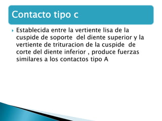 Contacto tipo c
   Establecida entre la vertiente lisa de la
    cuspide de soporte del diente superior y la
    vertiente de trituracion de la cuspide de
    corte del diente inferior , produce fuerzas
    similares a los contactos tipo A
 