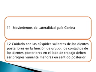 11 Movimientos de Lateralidad guía Canina




12 Cuidado con las cúspides salientes de los dientes
posteriores en la función de grupo, los contactos de
los dientes posteriores en el lado de trabajo deben
ser progresivamente menores en sentido posterior
 