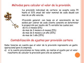 Métodos para calcular el valor de la provisión.
                  •La provisión individual de cartera: se acepta como PI
                  hasta el 33% anual del valor nominal de cada daudá con
                  mas de un año vencida.

                  •Provisión general: con base en el vencimiento de los
                  saldos por cobrar de cada cliente consiste en determinar
                  la proporción por medio del % variable los cuales son:
                   de 0 a 3 meses (0%)
                   de mas de 3 meses a 6 meses (5%)
                   de mas de 6 meses a un año (10%)
                   de mas de 1 año (15%)

      Contabilización de ajustes por provisión cartera
Debe tenerse en cuenta que el valor de la provisión representa un gasto
operacional para la empresa.
a) si la cuenta provisiones no tiene saldo, se realiza el ajuste por el valor
   resultante de calcular la provisión para ello se aumenta.
 