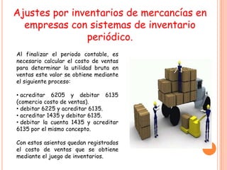 Ajustes por inventarios de mercancías en
  empresas con sistemas de inventario
               periódico.
Al finalizar el periodo contable, es
necesario calcular el costo de ventas
para determinar la utilidad bruta en
ventas este valor se obtiene mediante
el siguiente proceso:

• acreditar 6205 y debitar 6135
(comercio costo de ventas).
• debitar 6225 y acreditar 6135.
• acreditar 1435 y debitar 6135.
• debitar la cuenta 1435 y acreditar
6135 por el mismo concepto.

Con estos asientos quedan registrados
el costo de ventas que se obtiene
mediante el juego de inventarios.
 