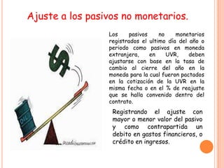 Ajuste a los pasivos no monetarios.
                 Los     pasivos    no    monetarios
                 registrados el ultimo día del año o
                 periodo como pasivos en moneda
                 extranjera,     en    UVR,    deben
                 ajustarse con base en la tasa de
                 cambio al cierre del año en la
                 moneda para la cual fueron pactados
                 en la cotización de la UVR en la
                 misma fecha o en el % de reajuste
                 que se halla convenido dentro del
                 contrato.
                  Registrando el ajuste con
                  mayor o menor valor del pasivo
                  y como contrapartida un
                  debito en gastos financieros, o
                  crédito en ingresos.
 