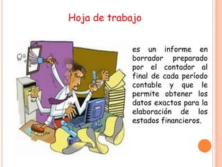 Hoja de trabajo


             es un informe en
             borrador preparado
             por el contador al
             final de cada período
             contable y que le
             permite obtener los
             datos exactos para la
             elaboración de los
             estados financieros.
 