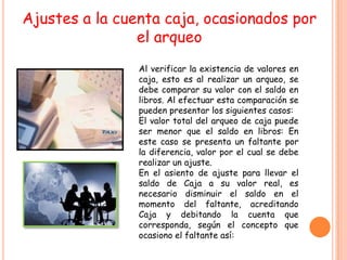 Ajustes a la cuenta caja, ocasionados por
                el arqueo
                Al verificar la existencia de valores en
                caja, esto es al realizar un arqueo, se
                debe comparar su valor con el saldo en
                libros. Al efectuar esta comparación se
                pueden presentar los siguientes casos:
                El valor total del arqueo de caja puede
                ser menor que el saldo en libros: En
                este caso se presenta un faltante por
                la diferencia, valor por el cual se debe
                realizar un ajuste.
                En el asiento de ajuste para llevar el
                saldo de Caja a su valor real, es
                necesario disminuir el saldo en el
                momento del faltante, acreditando
                Caja y debitando la cuenta que
                corresponda, según el concepto que
                ocasiono el faltante así:
 