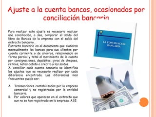 Ajuste a la cuenta bancos, ocasionados por
           conciliación bancaria
Para realizar este ajuste es necesario realizar
una conciliación, o sea, comparar el saldo del
libro de Bancos de la empresa con el saldo del
extracto bancario.
Extracto bancario es el documento que elaboran
mensualmente los bancos para sus clientes por
cuenta corriente o de ahorros, relacionando en
forma parcial y total el movimiento de la cuenta
por consignaciones, depósitos, giros de cheques,
retiros, notas debito o crédito y los saldos.
Al conciliar cada cuenta bancaria se identifica
los ajustes que es necesario realizar por cada
diferencia encontrada. Las diferencias mas
frecuentes puede ser:

A. Transacciones contabilizadas por la empresa
   comercial y no registradas por la entidad
   bancaria.
B. Por valores que aparecen en el extracto que
   aun no se han registrado en la empresa. ASI:
 