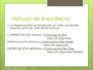 Método de línea RectaLa depreciación se liquida por un valor constante para los años de vida de los activos.DEPRECIACION ANUAL= Costo del Activo			    vida útil asignadaDEPRECICACION MENSUAL= costo activo*No meses				Vida útil asignada DEPRECIACION MENSUAL= Costo activo*No Días				    Vida útil asignada*360dias