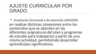 AJUSTE CURRICULAR POR
GRADO
- Ampliación horizontal o de extensión consiste
en realizar distintas conexiones entre los
contenidos que se abordan en las
diferentes asignaturas del plan y programas
de estudio para trabajarlos a partir de una
misma actividad, permitiendo desarrollar
aprendizajes significativos.
 