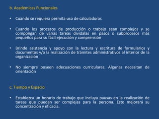 b. Académicas Funcionales

• Cuando se requiera permita uso de calculadoras

• Cuando los procesos de producción o trabajo sean complejos y se
  compongan de varias tareas divídalas en pasos o subprocesos más
  pequeños para su fácil ejecución y comprensión

• Brinde asistencia y apoyo con la lectura y escritura de formularios y
  documentos y/o la realización de trámites administrativos al interior de la
  organización

• No siempre poseen adecuaciones curriculares. Algunas necesitan de
  orientación


c. Tiempo y Espacio

• Establezca un horario de trabajo que incluya pausas en la realización de
  tareas que puedan ser complejas para la persona. Esto mejorará su
  concentración y eficacia.
 