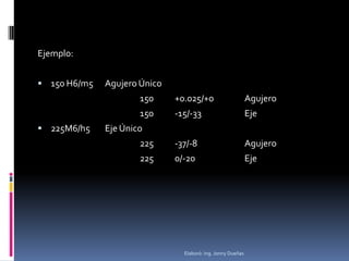 Ejemplo:


 150 H6/m5   Agujero Único
                      150     +0.025/+0                      Agujero
                      150     -15/-33                        Eje
 225M6/h5    Eje Único
                      225     -37/-8                         Agujero
                      225     0/-20                          Eje




                                Elaboró: Ing. Jonny Dueñas
 