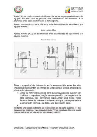 DOCENTE: TECNOLOGO MECÁNICO FRANKLIN SÁNCHEZ MENA
Aprieto (A): se produce cuando el diámetro del eje es mayor que el diámetro del
agujero. En este caso se produce una "interferencia" de diámetros. A la
diferencia entre estos diámetros se la llama aprieto.
Aprieto máximo (Amáx): es la diferencia entre las medidas del eje máximo y el
agujero mínimo.
Amáx = dmáx - Dmín
Aprieto mínimo (Amín): es la diferencia entre las medidas del eje mínimo y el
agujero máximo.
Amín = dmín - Dmáx
Zona o magnitud de tolerancia: es la comprendida entre las dos
líneas que representan los límites de la tolerancia, y cuya amplitud es
el valor de tolerancia.
 Línea de referencia o línea cero: Las desviaciones pueden ser
positivas o negativas, según sea su posición con respecto a la
cota nominal. Se convienen representar una línea recta
llamada línea de referencia o línea cero que correspondería a
la dimensión nominal, es decir, una desviación cero.

Mediante una escala arbitraria se representan en la parte superior (+) las
desviaciones positivas, y en la parte inferior (-) las negativas. De este modo
quedan indicadas las tolerancias también en posición.
 
