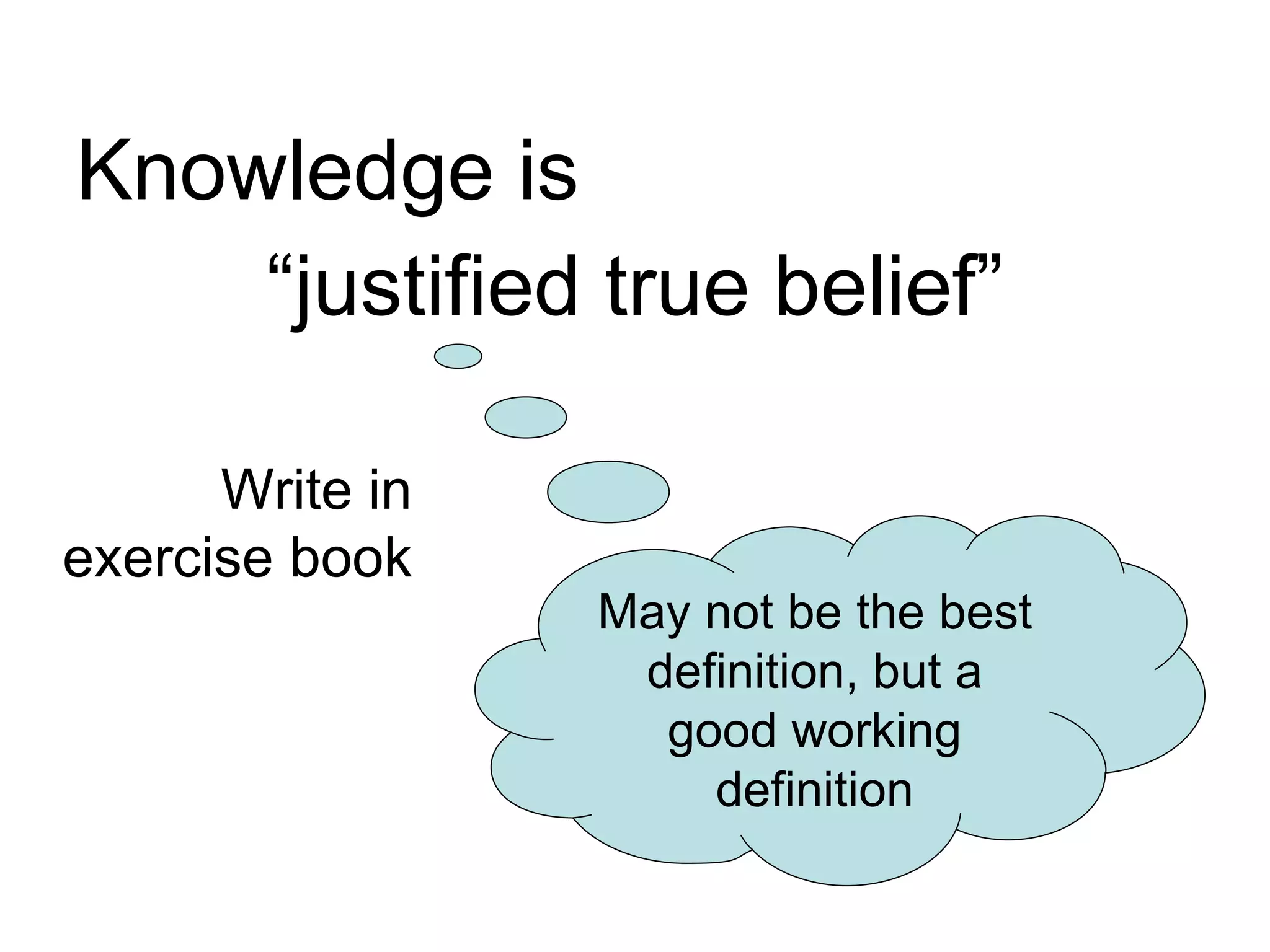 Knowledge is “ justified true belief” May not be the best definition, but a good working definition Write in exercise book 