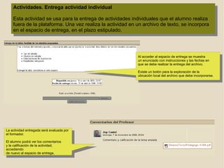 Entorno del curso. Participantes del curso Puede accederse a los usuarios  participantes en el curso El acceso a este apartado ofrece una lista de participantes que pueden clasificarse por su rol en el curso (alumno, profesor...etc.)  Pueden visualizarse datos del perfil de cada usuario y comunicarse con él mediante el envío de mensajes Pueden escribirse mensajes a los usuarios. Éstos lo recibirán instantáneamente si están conectados a la  plataforma. Si no lo están, lo recibirán cuando vuelvan  a conectarse.  Además también lo recibirán en la dirección de  correo que han proporcionado al registrarse en el entorno.  3 1 2 4 