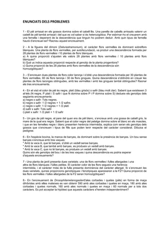 ENUNCIATS DELS PROBLEMES

1 - El pèl arrissat en els gossos domina sobre el cabell llis. Una parella de cabells arrissats vatenir un
cadell de pèl també arrissat i del que es vol saber si és heterozigòtica. Per esbrinar-ho el creuarem amb
una femella i depenent de la descendència que tinguin ho podrem deduir. Amb quin tipus de femella
haurà d’encreuar-se? Raoneu aquest encreuament.

2 - A la figuera del dimoni (Daturastramonium), el caràcter flors vermelles és dominant sobreflors
blanques. Una planta de flors vermelles, per autofecundació, va produir una descendència formada per
28 plantes de flors vermelles i 10 plantes de flors blanques.
a) A quina proporció s'ajusten els valors 28 plantes amb flors vermelles / 10 plantes amb flors
blanques?
b) Què us indica aquesta proporció respecte al genotip de la planta progenitora?
c) Quina proporció de les 28 plantes amb flors vermelles de la descendència són
homozigòtiques?

3 .- S’encreuen dues plantes de flors color taronja i s'obté una descendència formada per 30 plantes de
flors vermelles, 60 de flors taronja i 30 de flors grogues. Quina descendència s'obtindrà en creuar les
plantes de flors taronges obtingudes, amb les vermelles i amb les grogues també obtingudes? Raonar
els tres encreuaments.

4 - En el visó el color de pèl és negre, platí (blau grisós) o safir (blau molt clar). Sabent que existiexen 3
al·lels (N negre, P platí i S safir i que N domina sobre P i P domina sobre S) dedueix els genotips dels
següents encreuaments:
a) negre x safir: Tots negres.
b) negre x safir: 1 /2 negres + 1 /2 safirs
c) negre x safir: 1 /2 negres + 1 /2 platí
d) safir x safir: Tots safir
i) platí x safir: 1 /2 platí + 1 /2 safir

5 - Un gos de pèl negre, el pare del quan era de pèl blanc, s’encreua amb una gossa de cabell gris, la
mare de la qual era negra. Sabent que el color negre del pelatge domina sobre el blanc en els mascles,
i que en les femelles negre i blanc presenten herència intermèdia, explica com seran els genotips dels
gossos que s’encreuen i tipus de fills que poden tenir respecte del caràcter considerat. Dibuixa el
pedigree.

6 - En l'espècie bovina, la manca de banyes, és dominant sobre la presència de banyes. Un bou sense
banyes s’encreua amb tres vaques:
* Amb la vaca A, que té banyes, s'obté un vedell sense banyes.
* Amb la vaca B, que també amb banyes, es produeix un vedell amb banyes.
* Amb la vaca C, que no té banyes, es produeix un vedell amb banyes.
Quins són els genotips del bou i de les tres vaques i quina descendència es podria esperar
d'aquests encreuaments?

7 - Una planta de jardí presenta dues varietats: una de flors vermelles i fulles allargades i una
altra de flors blanques i fulles petites. El caràcter color de les flors segueix una herència
intermèdia, i el caràcter mida de la fulla presenta dominància del caràcter allargat. Si s’encreuen les
dues varietats, quines proporcions genotípiques i fenotípiques apareixeran a la F2? Quina proporció de
les flors vermelles i fulles allargades de la F2 seran homozigòtiques?

8.- En l’encreuament de Drosophilamelanogasterd'ales corbades i quetes (pèls) en forma de maça
dihíbrides amb elles mateixes es van obtenir 590 amb ales corbades i quetes en maça, 180 amb ales
corbades i quetes normals, 160 amb ales normals i quetes en maça i 60 normals per a tots dos
caràcters. Es pot acceptar la hipòtesi que aquests caràcters s'hereten independentment?
 