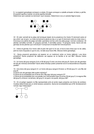 9 - La següent genealogia correspon a cobais. El negre correspon a cabells arrissats i el blanc a pèl llis.
El quadrat significa mascle i el cercle significa femella.
Determinar quin caràcter es dominant i quin recessiu. Determinar si es un caràcter lligat al sexe.




10 - El color vermell de la polpa del tomàquet depèn de la presència d'un factor R dominant sobre el
seu al·lel r per al groc. La mida normal de la planta es deu a un gen N dominant sobre la mida nana n.
S’encreua una planta de polpa vermella i grandària normal, amb una altra groga i normal i s'obtenen: 30
plantes vermelles normals, 31 grogues normals, 9 vermelles nanes i 10 grogues nanes. Quins són els
genotips de les plantes que s’encreuen? Comprovar el resultat fent l’encreuament.

11 - Indica el genotip d'un home calb el pare del qual no ho era, el de la seva dona que no és calba,
però la mare d’aquesta sí que ho era, i el dels seus futurs fills. Dibuixa l’arbre genealògic.

12 - Quina proporció genotípica cal esperar en un matrimoni entre un home daltonià i una dona
portadora? Quina proporció de daltònics cal esperar en la família si té vuit fills? Dibuixa l’arbre
genealògic.

13 - Un home del grup sanguini A té un fill del grup O amb una dona del grup B. Quins són els genotips
de tots els individus esmentats? Quins altres fenotips poden presentar-se en la descendència d'aquesta
parella?

14.- Una dona del grup sanguini A i un home del grup sanguini B tenen un fill del grup O i una filla del
grup B.
a) Quins són els genotips dels quatre individus?
b) Quina és la probabilitat que el tercer fill o filla sigui del grup sanguini O?
c) Quina és la probabilitat que una parella com l'esmentada tingui el primer fill del grup O, la segona filla
del grup B, el tercer o la tercera, del grup A i el quart o la quarta, del grup AB?

15 - En el pedigrí següent, la filla representada amb el cercle negre presenta una forma de sordesa-
mudesa determinada per un al·lel recessiu autosòmic. Quina és la probabilitat que el fill, fenotípicament
normal, sigui heterozigot?
 