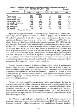 103
FernandoRobertoP.deC.eAlbuquerque
A participação de jovens entre 15 a 24 anos na população total (Tabela 18) também sofre-
rá mudanças, não tão significativas quanto às ocorridas no grupo de menores de 15 anos de
idade. Tratam-se de coortes de indivíduos que nasceram em um tempo mais distante dos anos
de referência. Por exemplo, as pessoas que estavam entre 15 a 24 anos, em 1980, são prove-
nientes das coortes (visão longitudinal) de nascimentos ocorridos entre 1955 e 1965, período
onde as taxas de fecundidade eram elevadíssimas e a mortalidade iniciando seu processo de
declínio. Em 1991, o efetivo de 15 a 24 anos é proveniente dos nascimentos ocorridos entre
1966 e 1976, período que se caracterizava pela continuação do declínio da mortalidade e pelo
início incipiente do declínio dos níveis de fecundidade. Já para o ano de 2000, o grupo de 15
a 24 anos é oriundo das coortes de 1975 a 1985, onde o fenômeno da transição demográfica
estava em pleno processo de andamento. É importante salientar que o efetivo deste grupo de
idade pode não ser exatamente os sobreviventes das coortes de nascimentos mencionadas, já
que a terceira componente da dinâmica demográfica pode ter influência marcante no volume
populacional deste grupo, isto é, os movimentos migratórios.
Diferente do grupo de menores de 15 anos de idade, onde o impacto de variações dos
níveis de fecundidade e da mortalidade é muito importante, no grupo de 15 a 24 anos a in-
fluência das intensidades migratórias podem se tornar uma componente determinante para
a composição deste grupo, seja por sexo como por idade. O grupo de 20 a 24 anos de idade
é normalmente o que concentra o maior volume de saídas em áreas caracterizadas como de
expulsão de população. E, consequentemente, o maior volume de entradas nas áreas ditas
como de atração populacional.
As áreas em estudo, municípios das capitais e regiões metropolitanas, são áreas de
atração populacional. Os rápidos processos de urbanização e metropolização brasileiros
fizeram com que grandes fluxos populacionais fossem em direção a estas localidades, prin-
cipalmente nas décadas de 1970 e 1980, constituindo-se em um dos principais fatores que
inibiram uma maior queda na participação da população de 15 a 24 anos, em relação à
população total, neste período de 50 anos ( inferior ao ocorrido no grupo de menores de 15
anos de idade) (Tabela 18).
Em 1980, com exceção da Região Metropolitana do Rio de Janeiro, todas as áreas em
estudo apresentaram proporções superiores à média nacional (21,1%). O município de Goi-
ânia, para o grupo de 15 a 24 anos, representava ¼ da população total. Durante a década de
 