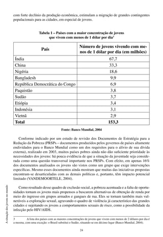 24
Asituaçãodosjovensnomundo
com forte declínio da produção econômica, estimulam a migração de grandes contingentes
populacionais para as cidades, em especial de jovens.
Tabela 1 – Países com a maior concentração de jovens
que vivem com menos de 1 dólar por dia3
Fonte: Banco Mundial, 2004
Conforme indicado por um estudo de revisão dos Documentos de Estratégia para a
Redução da Pobreza (PRSPs – documentos produzidos pelos governos de países altamente
endividados para o Banco Mundial como um dos requisitos para o alívio de sua dívida
externa), realizado em 2003, muitos países pobres ainda não dão suficiente prioridade às
necessidades dos jovens: há pouca evidência de que a situação da juventude seja conside-
rada como uma questão transversal importante nos PRSPs. Com efeito, em apenas 16%
dos documentos analisados os jovens são vistos como um grupo que exige intervenções
específicas. Mesmo esses documentos ainda mostram que muitas das iniciativas propostas
encontram-se desarticuladas com as demais políticas e, portanto, têm impacto potencial
limitado (VANDEMOORTELE, 2004).
Como resultado desse quadro de exclusão social, a pobreza acentuada e a falta de oportu-
nidades tornam os jovens mais propensos a buscarem alternativas de obtenção de renda por
meio do ingresso em grupos armados e gangues de rua. Eles se tornam também mais vul-
neráveis a exploração sexual, agravando o quadro de violência já característico das grandes
cidades e sujeitando os jovens a comportamentos sexuais de risco, como a possibilidade da
infecção pelo HIV/AIDS.
3	 A lista dos países com as maiores concentrações de jovens que vivem com menos de 2 dólares por dia é
a mesma, com uma exceção: o Brasil substitui o Sudão, situando-se em décimo lugar (Banco Mundial, 2004).
País
Número de jovens vivendo com me-
nos de 1 dólar por dia (em milhões)
Índia 67,7
China 33,3
Nigéria 18,6
Bangladesh 9,9
República Democrática do Congo 6,9
Paquistão 3,8
Sudão 3,7
Etiópia 3,4
Indonésia 3,1
Vietnã 2,9
Total 153,3
 
