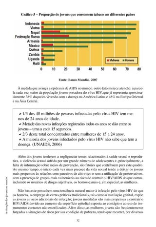 32
Asituaçãodosjovensnomundo
Gráfico 5 – Proporção de jovens que consomem tabaco em diferentes países
Fonte: Banco Mundial, 2007
À medida que avança a epidemia de AIDS no mundo, outro fato merece atenção: a parce-
la cada vez maior da população jovem portadora do vírus HIV, que já representa aproxima-
damente 38% daqueles vivendo com a doença na América Latina e 48% na Europa Oriental
e na Ásia Central.
Além dos jovens tenderem a negligenciar temas relacionados à saúde sexual e reprodu-
tiva, a violência sexual sofrida por um grande número de adolescentes e, principalmente, a
falta de informação sobre meios de prevenção, são fatores que contribuem para este quadro.
Ao mesmo tempo, o início cada vez mais precoce da vida sexual tende a deixar os jovens
mais propensos às relações com parceiros de alto risco e sem a utilização de preservativos,
com a presença de grupos mais vulneráveis ao risco de contrair o HIV/AIDS do que outros,
incluindo os usuários de drogas injetáveis, os homossexuais e, em especial, as mulheres.
Não bastasse possuírem uma tendência natural maior à infecção pelo vírus HIV do que
os homens, o emprego de certas práticas tradicionais, tais como a mutilação genital, expõe
as jovens a riscos adicionais de infecção; jovens mutiladas são mais propensas a contrair o
HIV/AIDS devido ao aumento da superfície epitelial exposta ao contágio e ao uso de ins-
trumentos cortantes não esterilizados. Além disso, as mulheres jovens são freqüentemente
forçadas a situações de risco por sua condição de pobreza, tendo que recorrer, por diversas
a1/3 dos 40 milhões de pessoas infectadas pelo vírus HIV tem me-
nos de 24 anos de idade.
aMetade das novas infecções registradas todos os anos se dão entre os
jovens – uma a cada 15 segundos.
a2/3 deste total concentrados entre mulheres de 15 a 24 anos.
aA maioria dos jovens infectados pelo vírus HIV não sabe que tem a
doença. (UNAIDS, 2006)
 