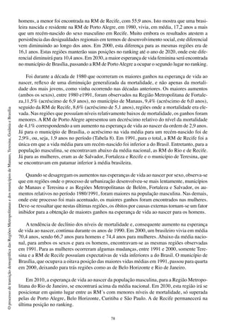 78
OprocessodetransiçãodemográficadasRegiõesMetropolitanasedosmunicípiosdeManaus,Teresina,GoiâniaeBrasília
homens, a menor foi encontrada na RM de Recife, com 55,9 anos. Isto mostra que uma brasi-
leira nascida e residente na RM de Porto Alegre, em 1980, vivia, em média, 17,2 anos a mais
que um recém-nascido do sexo masculino em Recife. Muito embora os resultados atestem a
persistência das desigualdades regionais em termos de desenvolvimento social, este diferencial
vem diminuindo ao longo dos anos. Em 2000, esta diferença para as mesmas regiões era de
16,1 anos. Estas regiões manterão suas posições no ranking até o ano de 2020, onde este dife-
rencial diminuirá para 10,4 anos. Em 2030, a maior esperança de vida feminina será encontrada
no município de Brasília, passando a RM de PortoAlegre a ocupar o segundo lugar no ranking.
Foi durante a década de 1980 que ocorreram os maiores ganhos na esperança de vida ao
nascer, reflexo de uma diminuição generalizada da mortalidade, e não apenas da mortali-
dade dos mais jovens, como vinha ocorrendo nas décadas anteriores. Os maiores aumentos
(ambos os sexos), entre 1980 e1991, foram observados na Região Metropolitana de Fortale-
za,11,5% (acréscimo de 6,9 anos), no município de Manaus, 9,4% (acréscimo de 6,0 anos),
seguido da RM de Recife, 8,6% (acréscimo de 5,1 anos), regiões onde a mortalidade era ele-
vada. Nas regiões que possuíam níveis relativamente baixos de mortalidade, os ganhos foram
menores. A RM de Porto Alegre apresentou um decréscimo relativo do nível da mortalidade
de 4,1% correspondendo a um aumento na esperança de vida ao nascer da ordem de 2,9 anos.
Já para o município de Brasília, o acréscimo na vida média para um recém-nascido foi de
2,9%, ou, seja, 1,9 anos no período (Tabela 8). Em 1991, para o total, a RM de Recife foi a
única em que a vida média para um recém-nascido foi inferior a do Brasil. Entretanto, para a
população masculina, se encontravam abaixo da média nacional, as RM do Rio e de Recife.
Já para as mulheres, eram as de Salvador, Fortaleza e Recife e o município de Teresina, que
se encontravam em patamar inferior à média brasileira.
Quando se desagregam os aumentos nas esperanças de vida ao nascer por sexo, observa-se
que em regiões onde o processo de urbanização desenvolveu-se mais lentamente, municípios
de Manaus e Teresina e as Regiões Metropolitanas de Belém, Fortaleza e Salvador, os au-
mentos relativos no período 1980/1991, foram maiores na população masculina. Nas demais,
onde este processo foi mais acentuado, os maiores ganhos foram encontrados nas mulheres.
Deve-se ressaltar que nestas últimas regiões, os óbitos por causas externas tornam-se um fator
inibidor para a obtenção de maiores ganhos na esperança de vida ao nascer para os homens.
A tendência de declínio dos níveis de mortalidade e, consequente aumento na esperança
de vida ao nascer, continua durante os anos de 1990. Em 2000, um brasileiro vivia em média
70,4 anos, sendo 66,7 anos para homens e 74,4 anos para mulheres. Abaixo da média nacio-
nal, para ambos os sexos e para os homens, encontravam-se as mesmas regiões observadas
em 1991. Para as mulheres ocorreram algumas mudanças, entre 1991 e 2000, somente Tere-
sina e a RM de Recife possuíam expectativas de vida inferiores a do Brasil. O município de
Brasília, que ocupava a oitava posição das maiores vidas médias em 1991, passou para quarta
em 2000, deixando para trás regiões como as de Belo Horizonte e Rio de Janeiro.
Em 2010, a esperança de vida ao nascer da população masculina, para a Região Metropo-
litana do Rio de Janeiro, se encontrará acima da média nacional. Em 2030, esta região irá se
posicionar em quinto lugar entre as RM´s com menores níveis de mortalidade, só superada
pelas de Porto Alegre, Belo Horizonte, Curitiba e São Paulo. A de Recife permanecerá na
última posição no ranking.
 