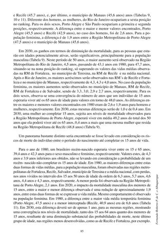 85
FernandoRobertoP.deC.eAlbuquerque
e Recife (45,7 anos), e, por último, o município de Manaus (45,6 anos) anos (Tabelas 9,
10 e 11). Diferente dos homens, as mulheres, do Rio de Janeiro ocupariam a sexta posição
no ranking. Para os dois sexos, Porto Alegre e São Paulo ocupariam a primeira e segunda
posições, respectivamente. A diferença entre o maior e menor valores encontrados, Porto
Alegre (45,5 anos) e Recife (42,9 anos), no caso dos homens, foi de 2,6 anos. Para a po-
pulação feminina, a diferença é de 1,9 anos entre a Região Metropolitana de Porto Alegre
(47,5 anos) e o município de Manaus (45,6 anos).
Em 2030, os ganhos em termos de diminuição da mortalidade, para as pessoas que esta-
rão em idades potencialmente ativas, serão significativos, principalmente para a população
masculina (Tabela 9). Neste período de 50 anos, o maior aumento será observado na Região
Metropolitana do Rio de Janeiro, 4,5 anos, passando de 43,1 anos em 1980, para 47,7 anos,
situando-se na nona posição do ranking, só superando os valores das vidas médias observa-
das na RM de Fortaleza, no município de Teresina, na RM de Recife e na média nacional.
Após o Rio de Janeiro, os maiores acréscimos serão observados nas RM´s de Recife e Forta-
leza e no município de Manaus, respectivamente de 4,3, 4,3 e 4,0 anos. No caso da população
feminina, os maiores aumentos serão observados no município de Manaus, RM de Recife,
RM de Fortaleza e de Salvador, sendo de 3,3, 3,0, 2,9 e 2,7 anos, respectivamente. Para os
dois sexos, observa-se uma convergência do número de anos que um indivíduo de 15 anos
esperaria viver até os 65 anos de idade para valores em torno de 48,0 anos. As diferenças en-
tre os maiores e menores valores encontrados em 1980 eram de 2,6 e 1,9 anos para homens e
mulheres, respectivamente. Em 2030, estas mesmas diferenças serão de 1,0 e de 0,4 ano. Em
2030, uma mulher ao completar 15 anos, sujeita aos níveis de mortalidade observados para
a Região Metropolitana de Porto Alegre, esperará viver em média 49,2 anos do total dos 50
anos que ela poderá viver até os 65 anos, 0,4 anos a mais que uma mesma mulher que resida
na Região Metropolitana de Recife (48,8 anos) (Tabela 9).
Um panorama bastante distinto seria encontrado se fosse levado em consideração os ris-
cos de morte do indivíduo entre o período do nascimento até completar os 15 anos de vida.
Para o ano de 1980, um brasileiro recém-nascido esperaria viver entre os 15 e 65 anos,
39,4 anos e 42,3 anos para o sexo masculino e feminino, respectivamente. Valores estes, de 4,3
anos e 3,9 anos inferiores aos obtidos, não se levando em consideração a probabilidade de um
recém- nascido não completar os 15 anos de idade. Em 1980, as maiores diferenças entre estas
duas formas de vidas médias, para a população masculina, foram observadas nas regiões metro-
politanas de Fortaleza, Recife, Salvador, município de Teresina e a média nacional, com perdas,
nos anos vividos no intervalo dos 15 aos 50 anos de idade da ordem de 6,3 anos, 5,7 anos, 4,6
anos, 4,4 anos e 4,3 anos, respectivamente. A menor perda foi observada na Região Metropoli-
tana de Porto Alegre, 2,1 anos. Em 2020, o impacto da mortalidade masculina dos menores de
15 anos, entre a maior e menor diferença observada é uma redução de aproximadamente 1,9
anos, entre estas duas formas de se expressar a vida média. Mesmo comportamento é observado
na população feminina. Em 1980, a diferença entre a maior vida média temporária feminina
(Porto Alegre, 47,5 anos) e a menor interceptada (Recife, 40,9 anos) era de 6,6 anos (Tabela
11). Em 2030, esta diferença deverá ser de apenas 1 ano, para as mesmas regiões, mostrando
uma convergência nos níveis de mortalidade, tanto dos 15 aos 64 anos quanto dos menores de
15 anos, resultante de uma diminuição substancial das probabilidades de morte, neste último
grupo de idade, nas regiões menos desenvolvidas, como as de Recife e Fortaleza, por exemplo.
 